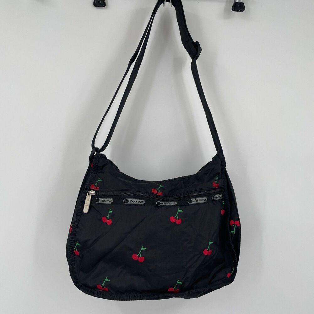 LeSportsac HTF Red Cherries Embroidered Shoulder Bag Purse Clean Black - Picture 5 of 10